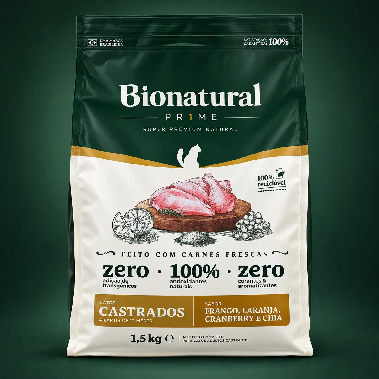 Bionatural Prime Gatos Castrados Frango, Laranja, Cranberry e Chia 1,5 kg