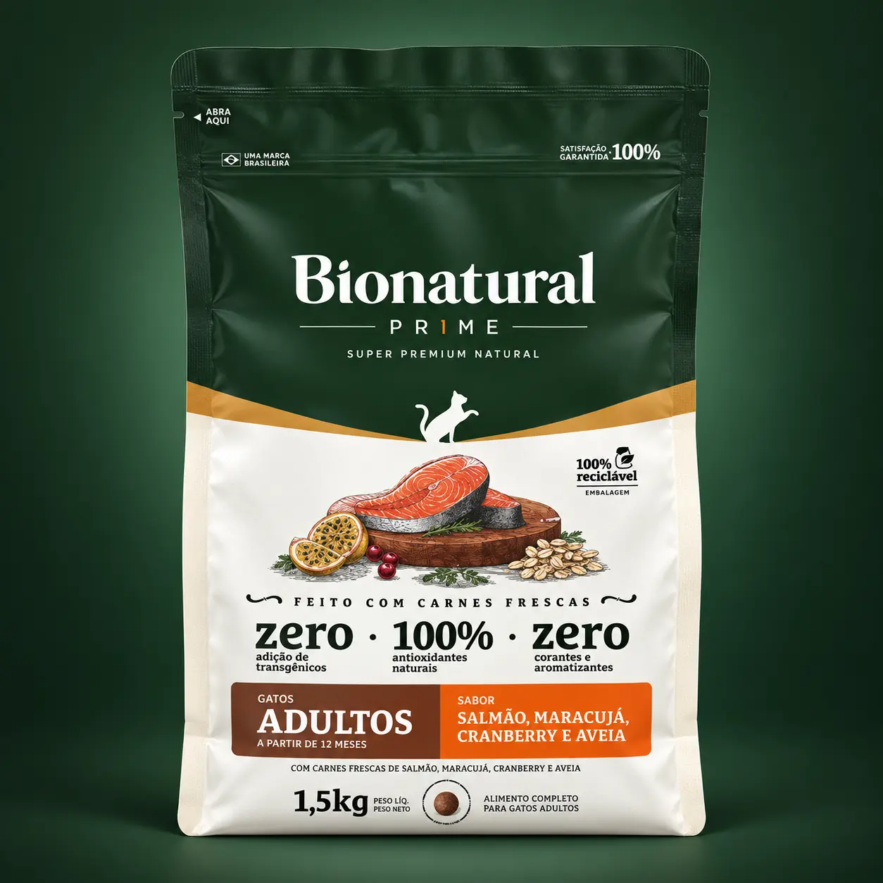 Bionatural Prime Gatos Adultos Salmão, Maracujá, Cranberry e Aveia 1,5 kg